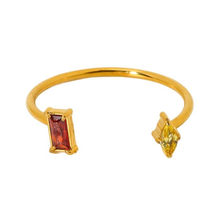 ins light luxury rhombus square two-color zircon open ring 18K gold stainless steel design jewelry women