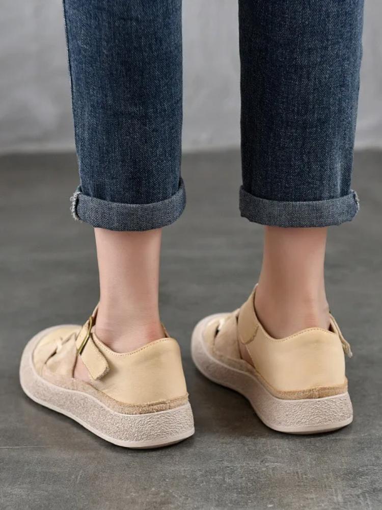 Johnature Round Toe Hollow-out Flat Sandals Genuine Leather Breathable And Comfortable Women's Shoes