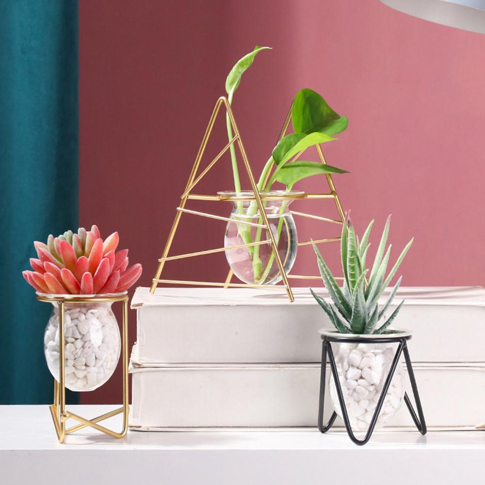 Home Decoration Iron Geometric Pattern Glass Planter Terrarium Metal Holder Hydroponic Vase