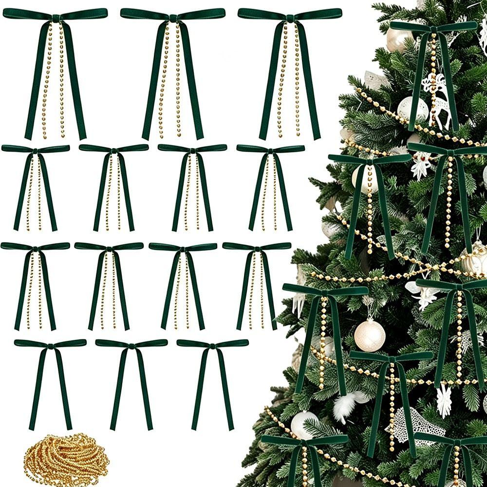 10Pcs Velvet Ribbon Bow Christmas Tree Decoration Vintage Style Pearl Bead Garland Christmas Tree
