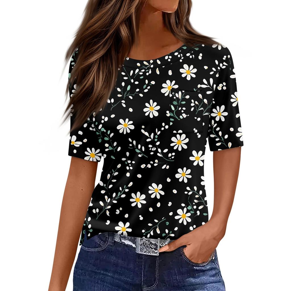 Футболки для женщин с круглым вырезом, нарядные повседневные блузки с принтом, короткие рукава, летние топы свободного кроя