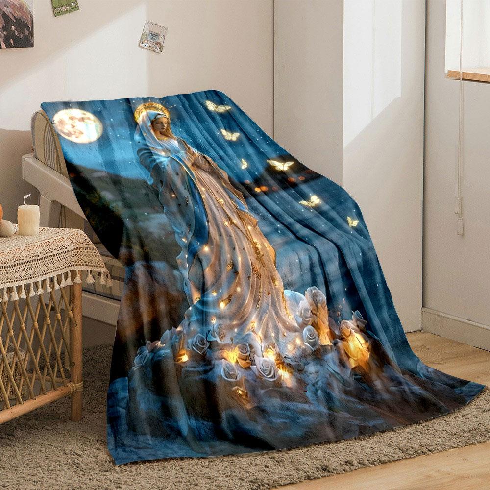 Moonlit Virgin Mary Butterflies Blanket Printed Blanket for Living Room Bed Couch lunch break Soft Cozy Blanket for Friend's festival Gift