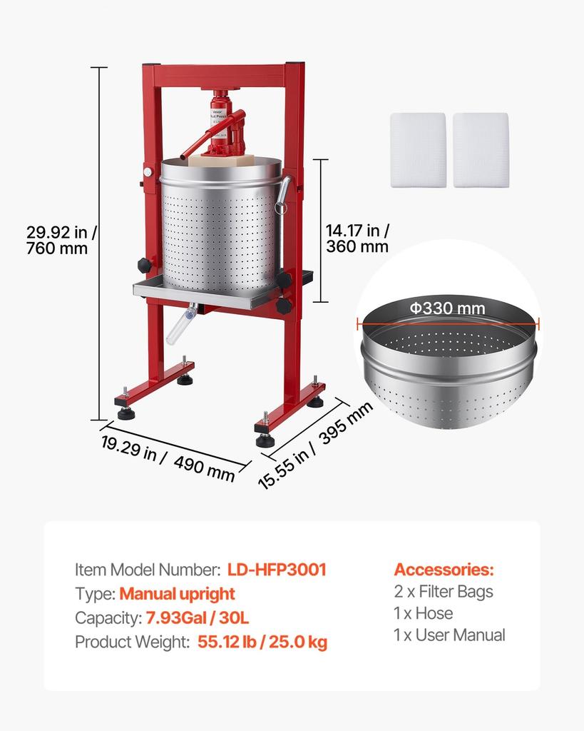 Hydraulic Fruit Wine Press, 7.93Gal/30L, Stainless Steel Heavy Duty Manual Juice Maker, Cider Apple Grape Vegetable Crusher, Cheese/Tincture/Herbal