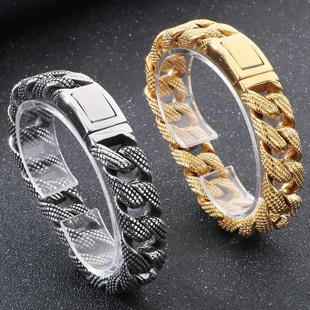 Готические мужские браслеты винтажные 15 мм ширина сплошная нержавеющая сталь панцирный кубинский звено цепи браслет мужские мужские ювелирные изделия подарки 2 цвета