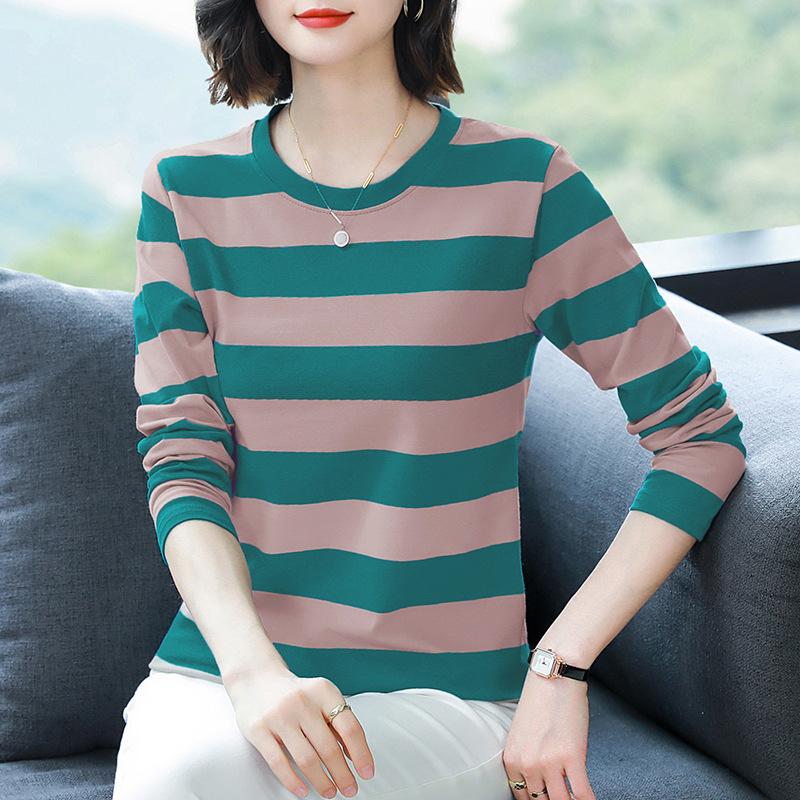 Осенняя одежда для мам среднего возраста, свободная хлопковая футболка с длинным рукавом больших размеров, женская осенняя одежда, майки с полосатыми топами