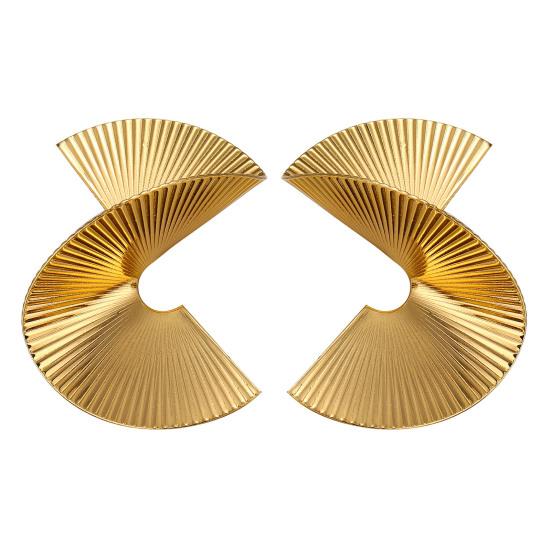 Богемные изящные золотые серьги с большими листьями-бабочками. Большие изящные золотые серьги-капли нерегулярной спирали с веерными листьями. Массивные очаровательные серьги. Ювелирные изделия в стиле панк.