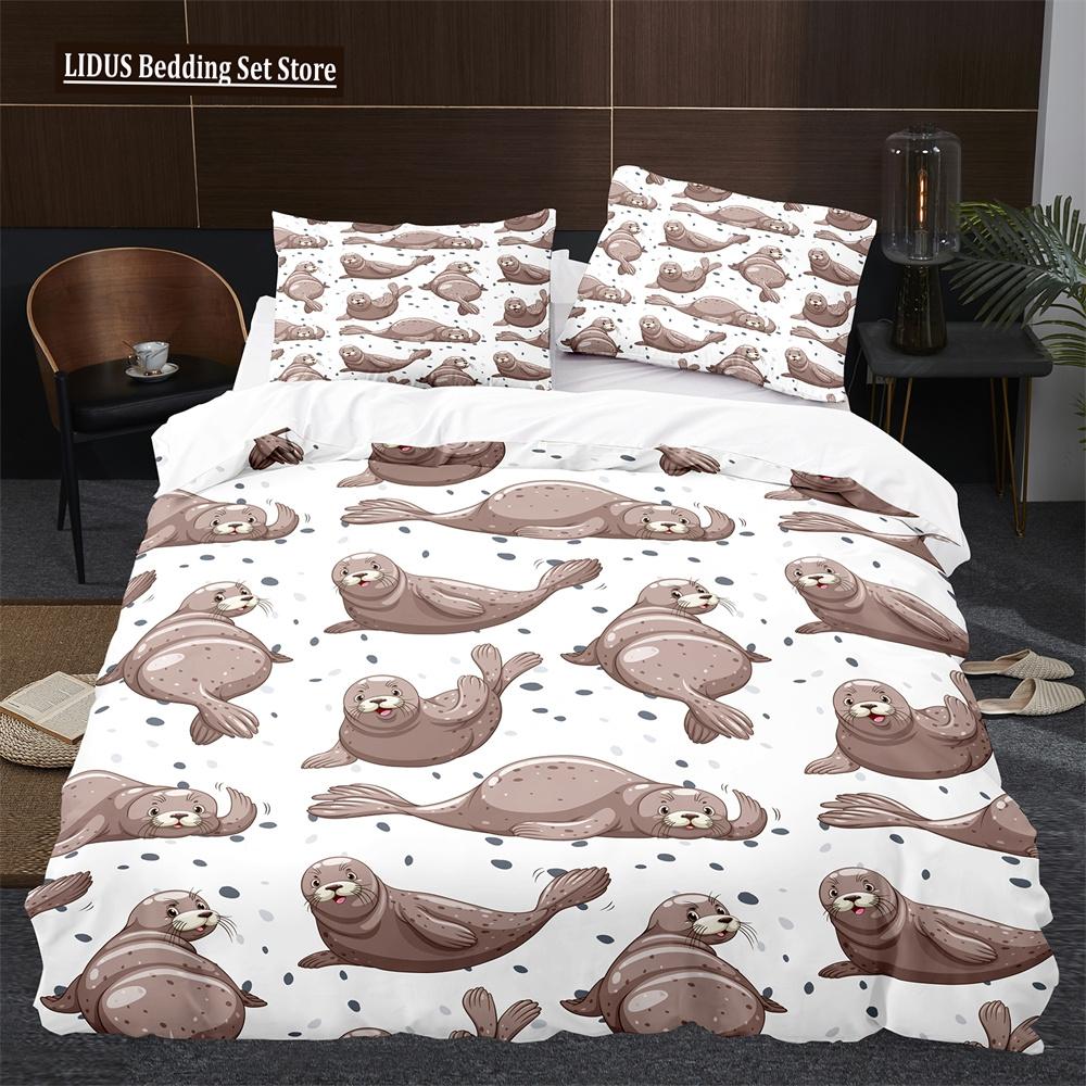 Пододеяльник Морской лев размера кинг/квин, милый комплект постельного белья с морскими животными для детей, мальчиков, девочек, синий, море, пляж, полиэстер, чехол для одеяла