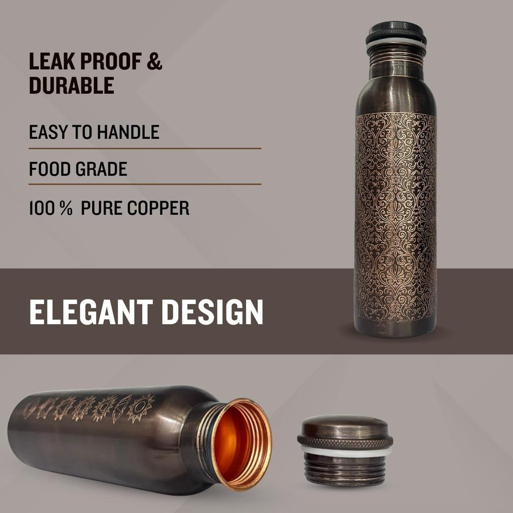 Медная бутылка для воды 1 л | Медная бутылка для воды с набором стаканов | Работа Минакари | 100% чистая | Герметичная | 2 стакана для воды по 300 мл каждый