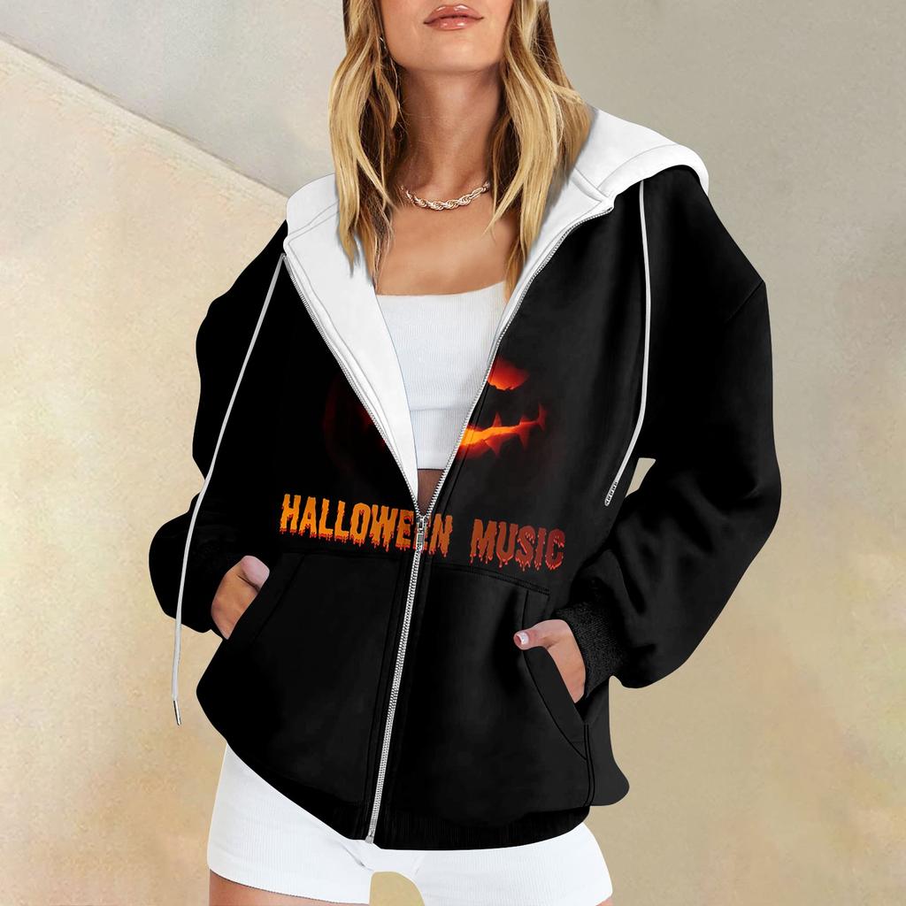 Women's Fashion Casual Halloween Printed Sweatshirt Autumn Winter Long Sleeve Cardigan With Pockets Zipper Hoodie Jacket