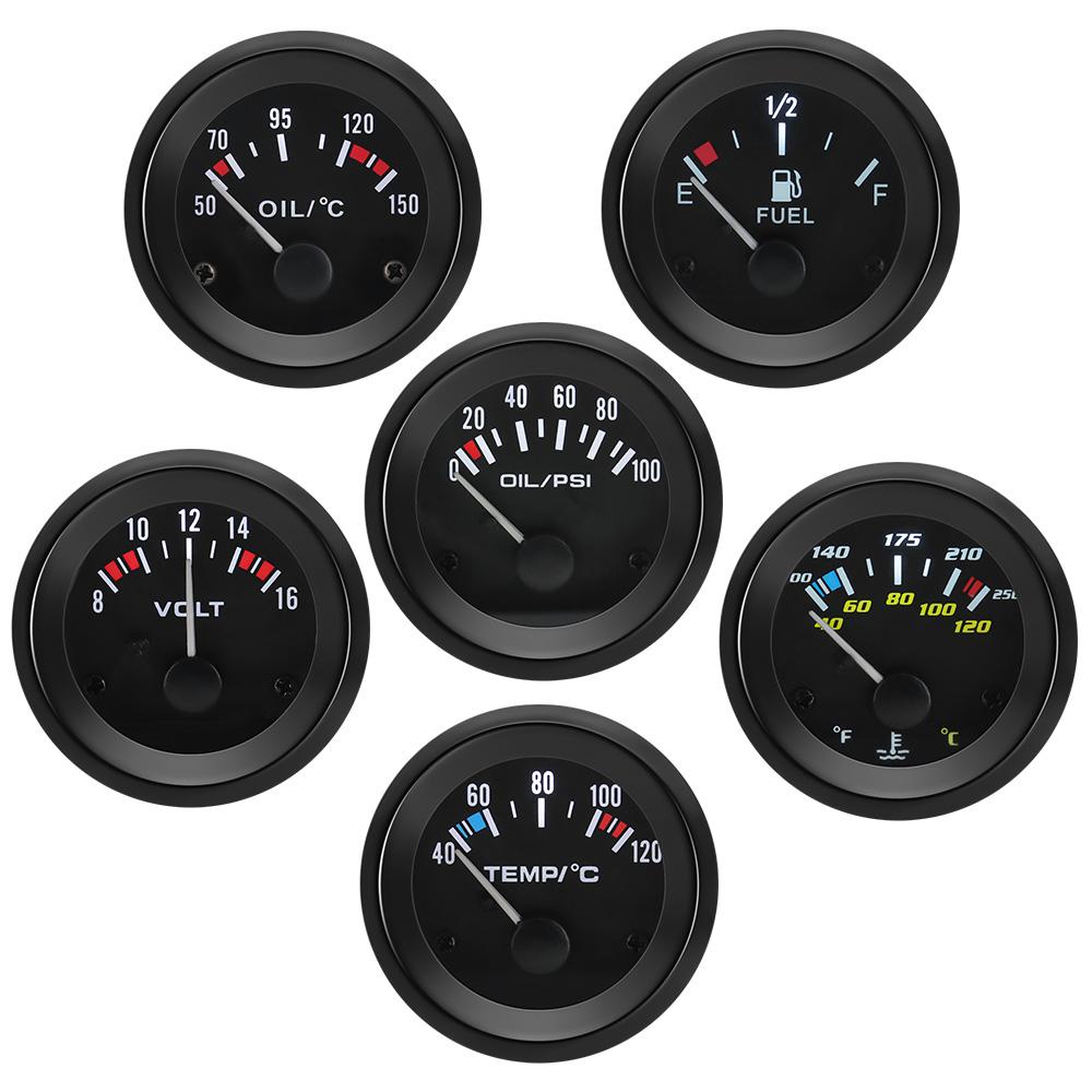 Jauge de température d'eau/huile, pression d'huile PSI, voltmètre, niveau de carburant, 2' 52MM, noire, avec support pour voiture 12V