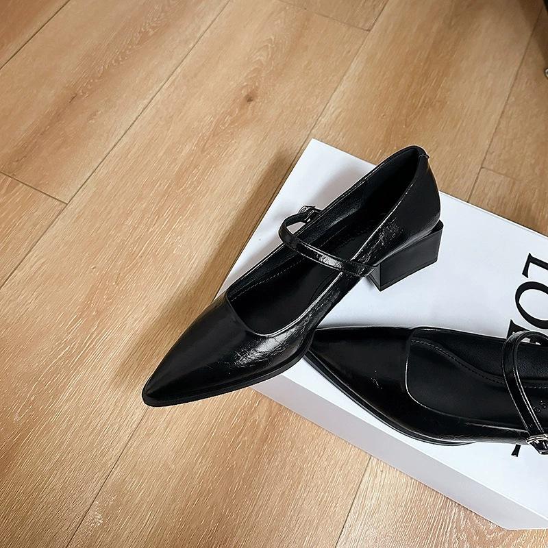 Версия из коровьей кожи~ Остроносые туфли с характером 2025 новая весна-осень пряжка-ремешок открытый носок черный офисные туфли на толстом каблуке женские