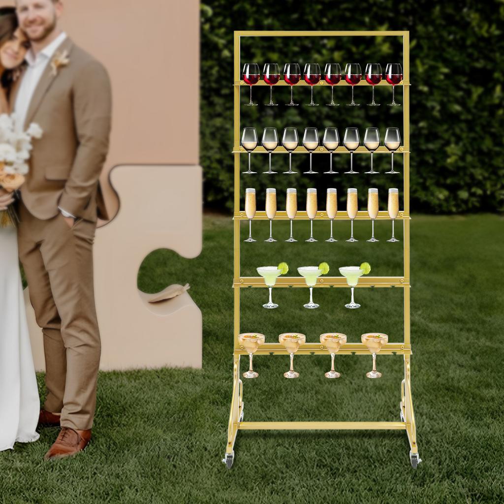 5 Tiers Iron Champagne Display Stand,Gold Champagne Rack Shelf Floor Mount 66*42*167cm for Weddings,Graduation