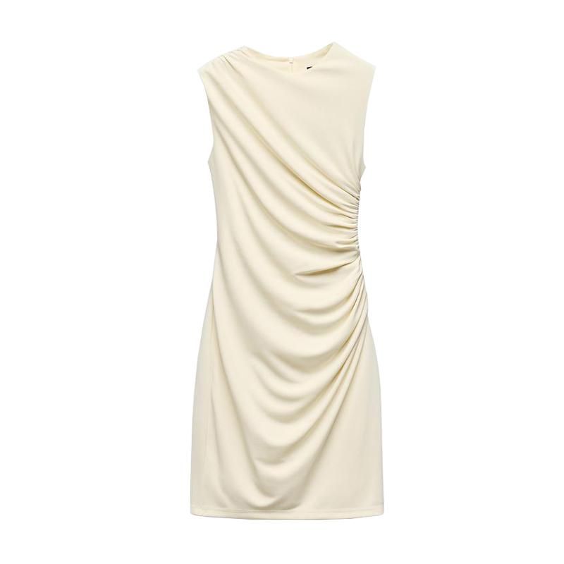 Spring New Women's Clothing French Ruched Silm Round Neck Short Sleeveless Dress 3067220 4772350