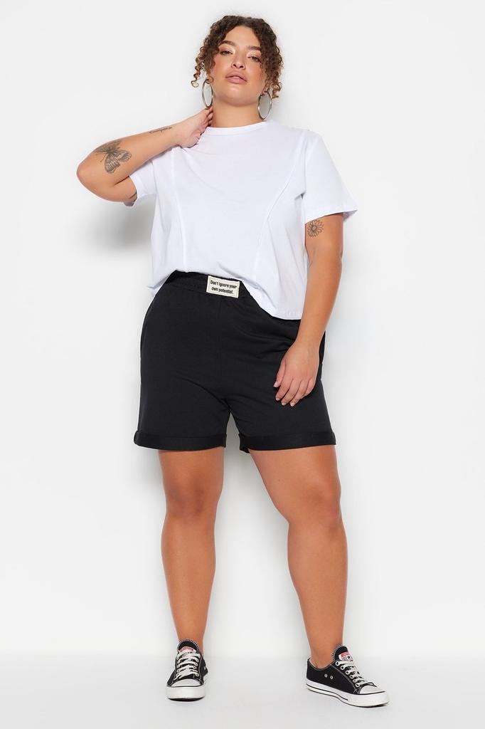 Women's Style Plus Size Shorts Bermudas Black Knitted Double Leg Label Detailed Knitted Shorts