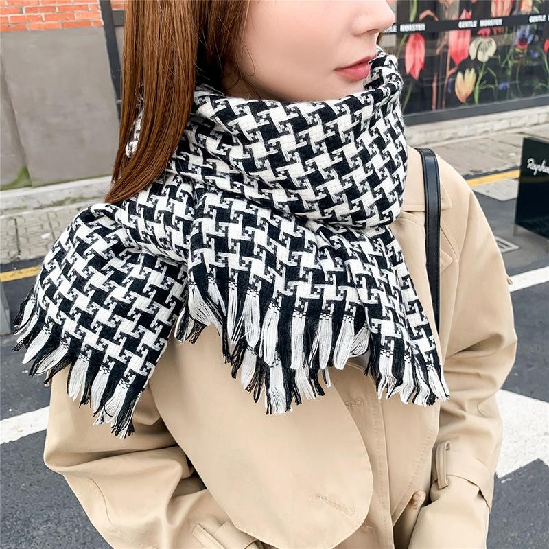 Thousand Bird Checker Scarf Women's Winter Checker Imitation Cashmere Scarf Thickened Shawl Neck