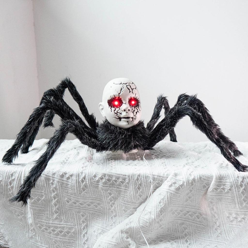 Halloween Doll Face Spider Haunted House Electric Induction Light-up Voice-activated Scary Walking Toy Ornament