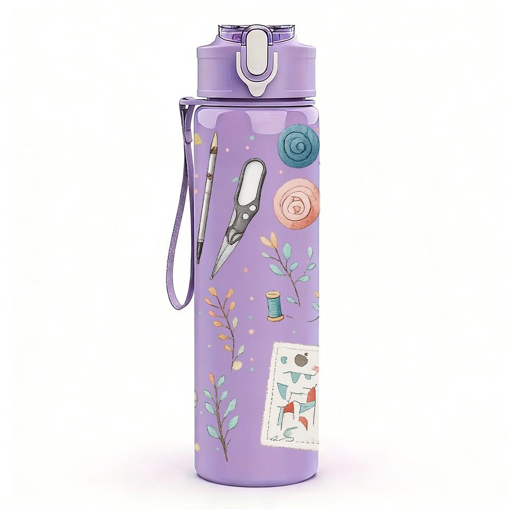 1PC Craft Paint Bottle Sewing Doodle Print 750ml Color Plastic Sports Water Bottle Leakproof Flip Straw Lid Suitable for Sports Office Home Use