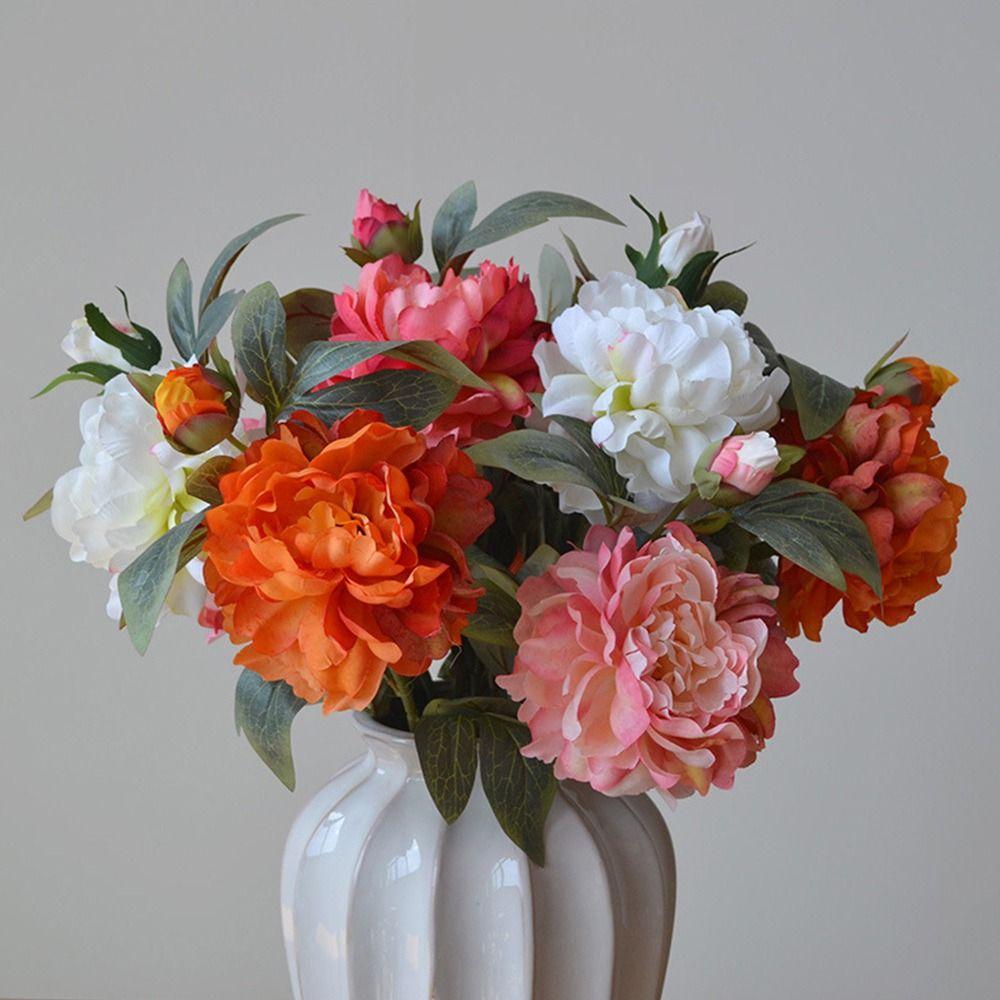 Silk Petals Simulation Peony Flower Green Lieaves Faux Flower Peony Artificial Flower Gift
