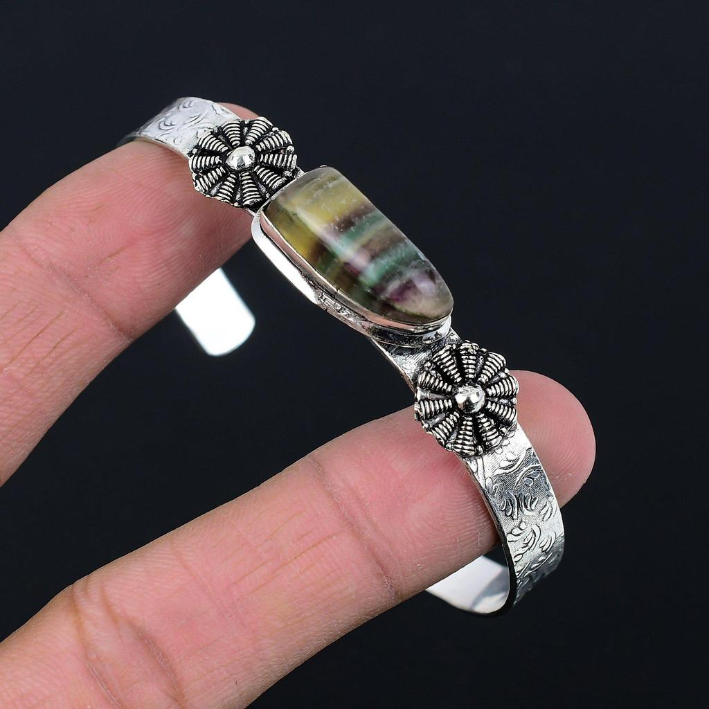Daughters Day Sale Multi Fluorite Gemstone 925 Sterling Silver Birthday Bangle