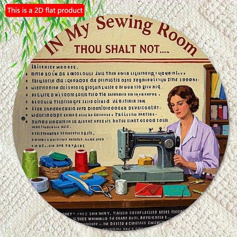 2d Flat 20*20cm, "Thou Shalt Not In My Sewing Room" Wall Art Decoration Circular Wooden Decoration, Suitable for Home, Living Room, Cafe and Office.