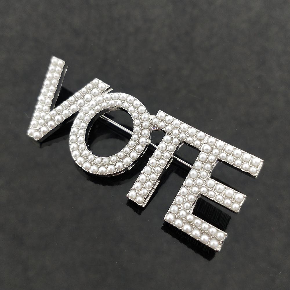 Custom Large VOTE Letter Brooch White Pearl Rhinestone Single Double Two Layers Lapel Pins Party Gift Jewelry for Women