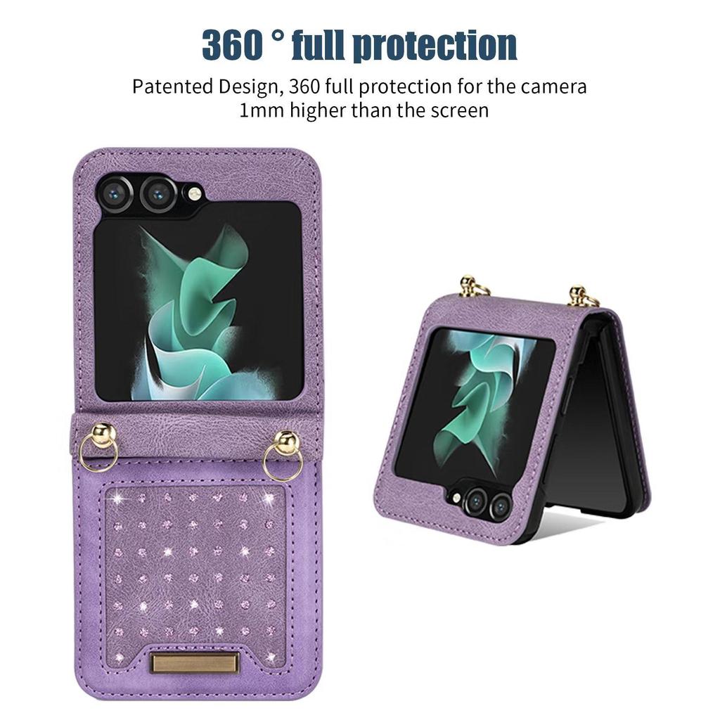 Galaxy Z Flip 5 Case 360 Full Protection Crossbody Case for Samsung Galaxy Z Flip 5/4/3 Diamond Leather Wallet Lanyard Case Stand Shockproof Cover