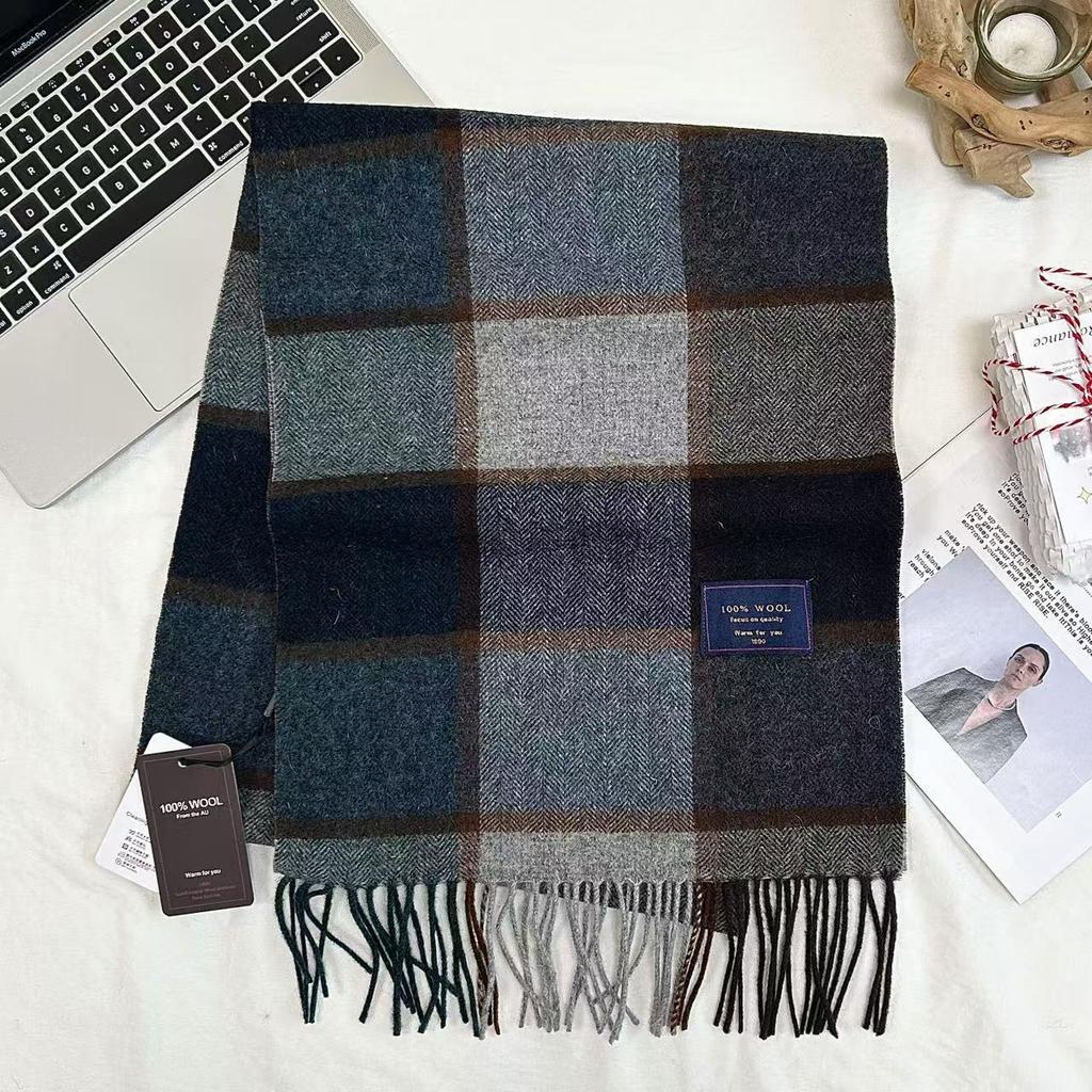 Men Scarf 100% Wool Plaid Warm Soft Muffler Female Winter Autumn Couple Cashmere Windproof Stripe Tassel Shawl Male Thick Scarf