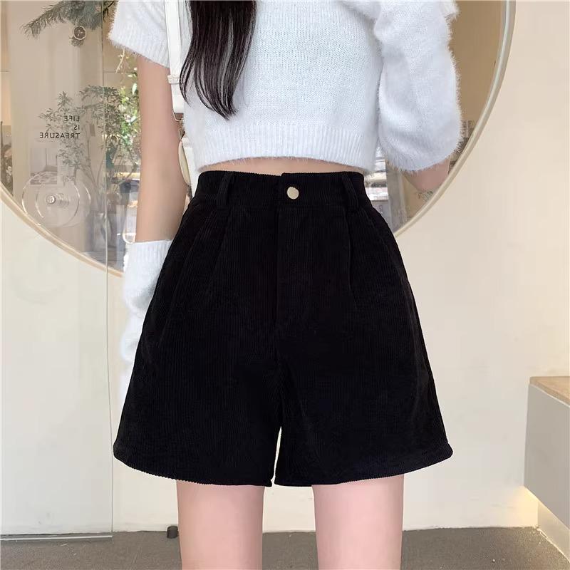 Женские черные вельветовые шорты с высокой талией - осень/зима 2023 года, ретро-мода, широкий дизайн штанин