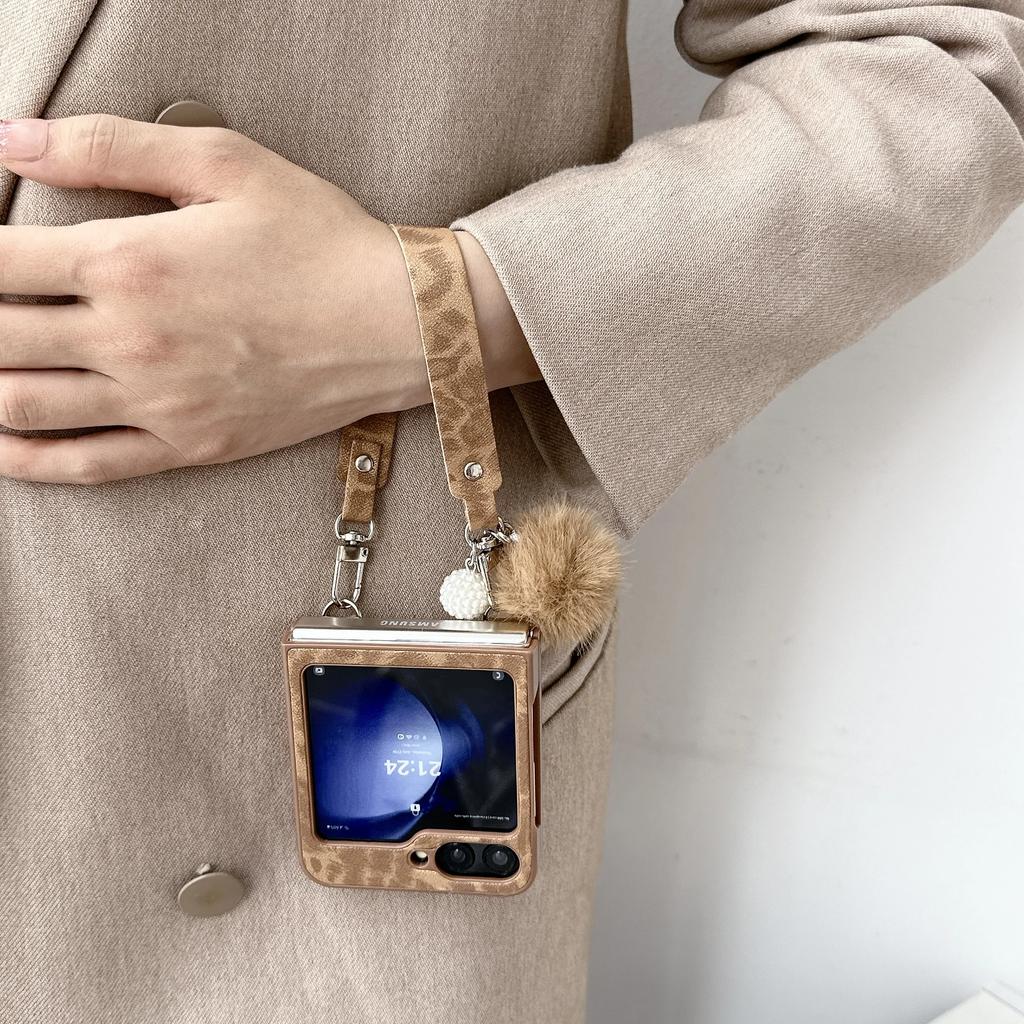 Leopard Print Silver Border Phone Case for Samsung Galaxy Z Flip 7 6 5 4 3 PU Leather Wrist Strap Protective Cover