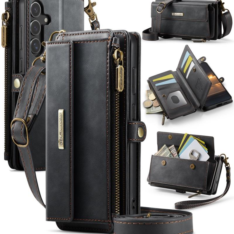 Чехол-бумажник с длинным ремешком из флип-кожи для Samsung Galaxy S26 Ultra S25 FE S24 Plus S23 S22 S21 A57 A17 A16 A56 A15 A55 A14 A54 с молнией и карманами для карт