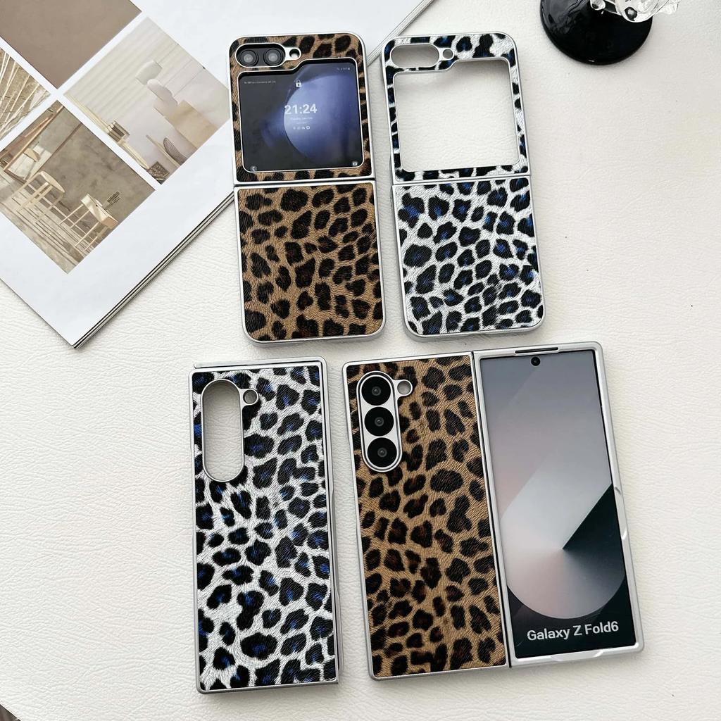Silver Border Leopard Print Phone Case for Samsung Galaxy Z Flip 7 6 5 4 3 PU Leather Protective Cover