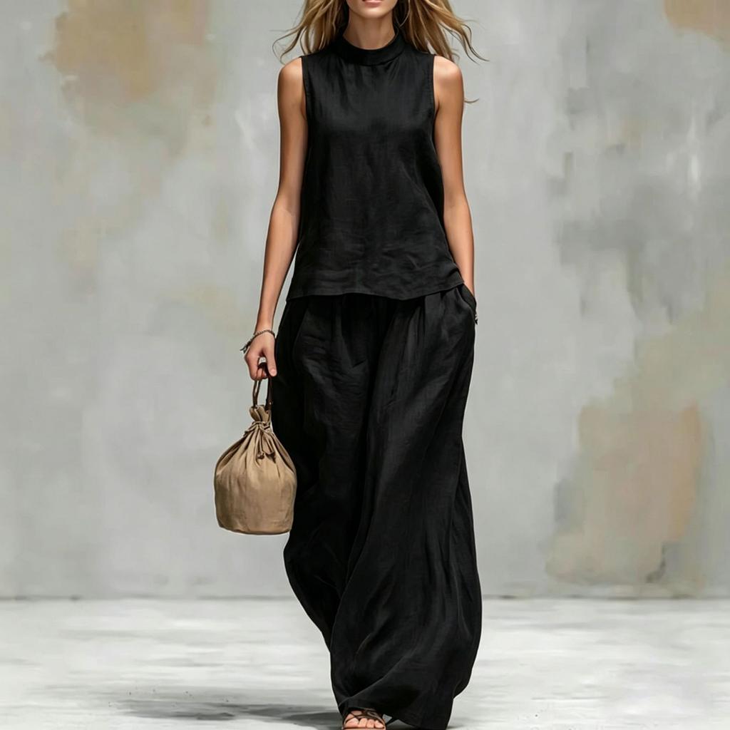 Cross-border 2026 Amazon Independent Station European and American women's stand-up collar cotton and linen solid color sleeveless top and pants
