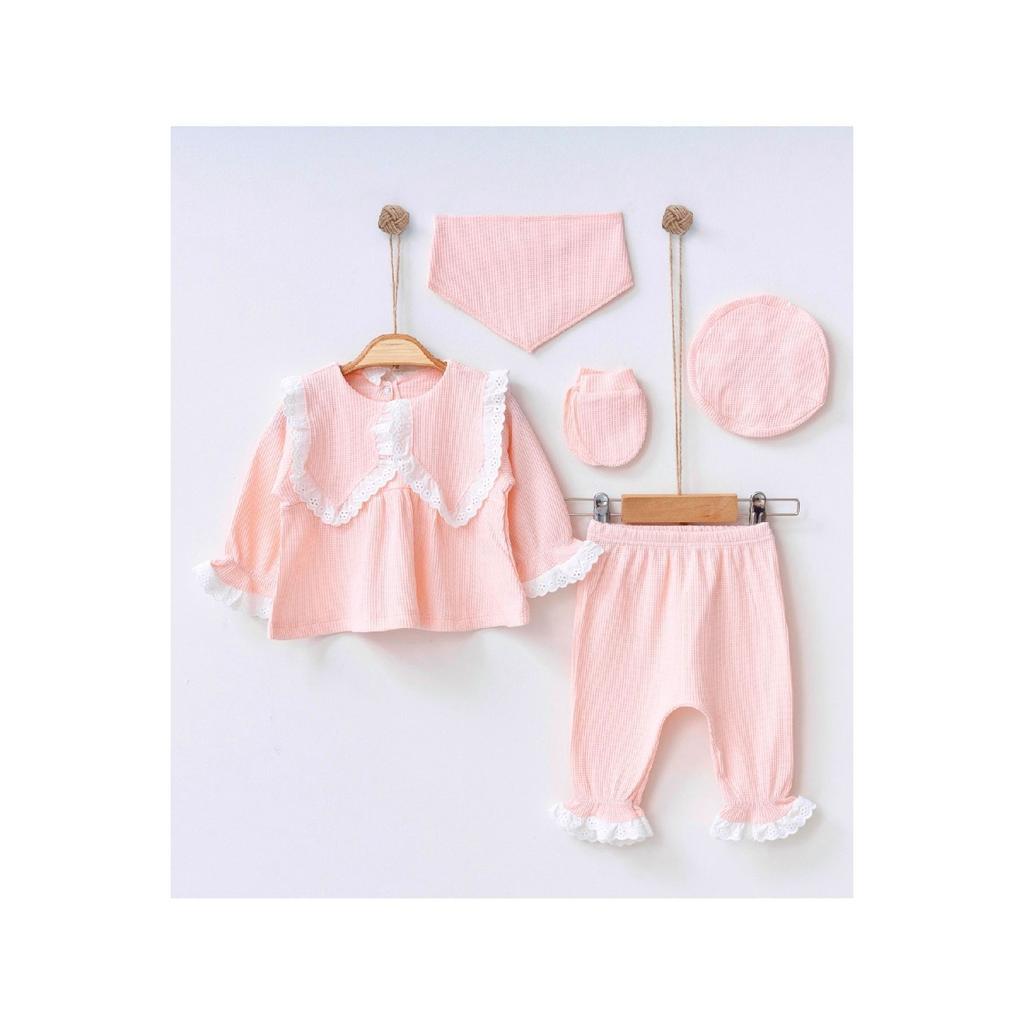 Комплект из 5 предметов для новорожденных 0–3 месяцев цвета бежево-бежевого цвета с фестончатым узором Hospital Release для девочек