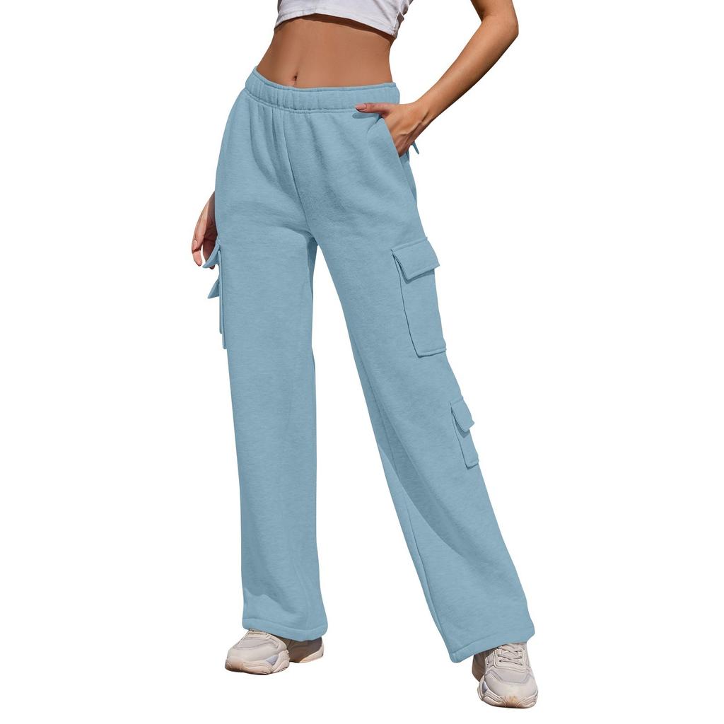 Women's Casual Fashion Solid Color Elastic Waist Drawstring Pockets Wide Leg Straight Pants