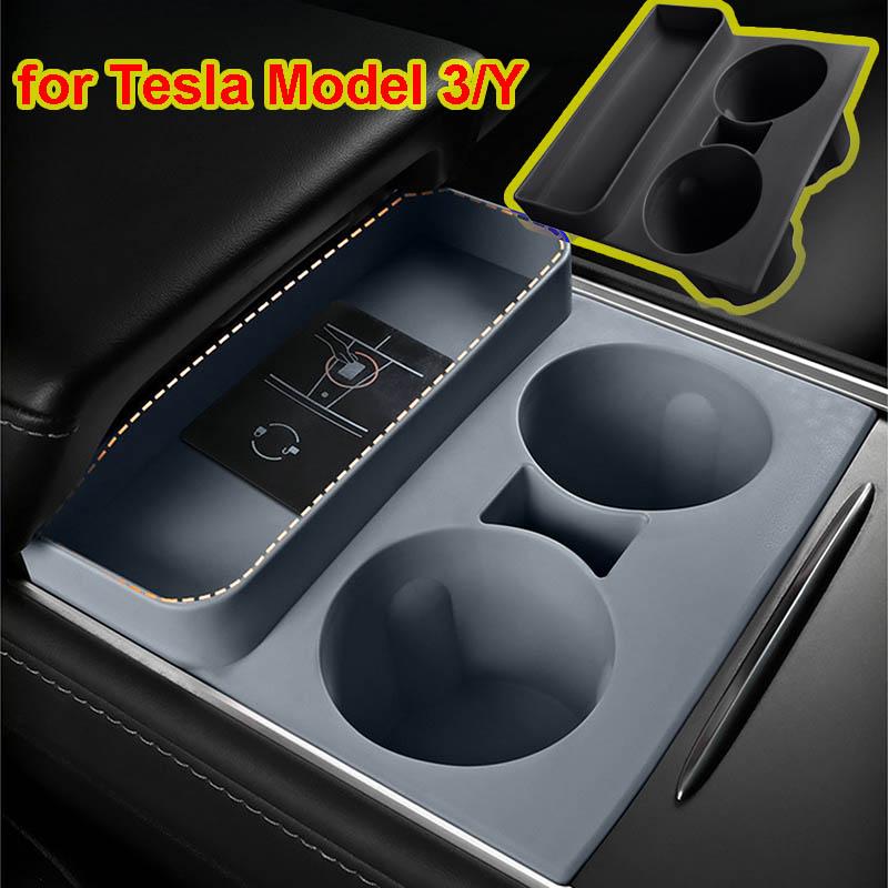 For Tesla Model 3 Y Center Control Cup Stopper One-piece Silicone Cup Phone Card Glasses Holder Storage Box Coaster Accessories