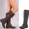 Зимние женские кожаные армейские ботинки до колена в винтажном стиле, ботинки для верховой езды на шнуровке с пряжкой в ​​стиле ретро
