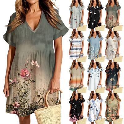 Женское повседневное модное платье с винтажным цветочным принтом и коротким рукавом и V-образным вырезом