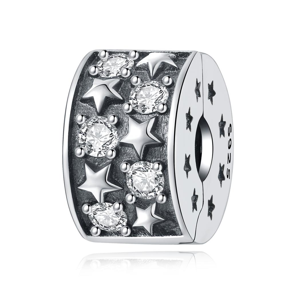Silver Clasp 925 Silver Pave Clip Charms Colored Beads Stopper Safety Chain Fit Original Bangle Bracelet Jewelry Clip