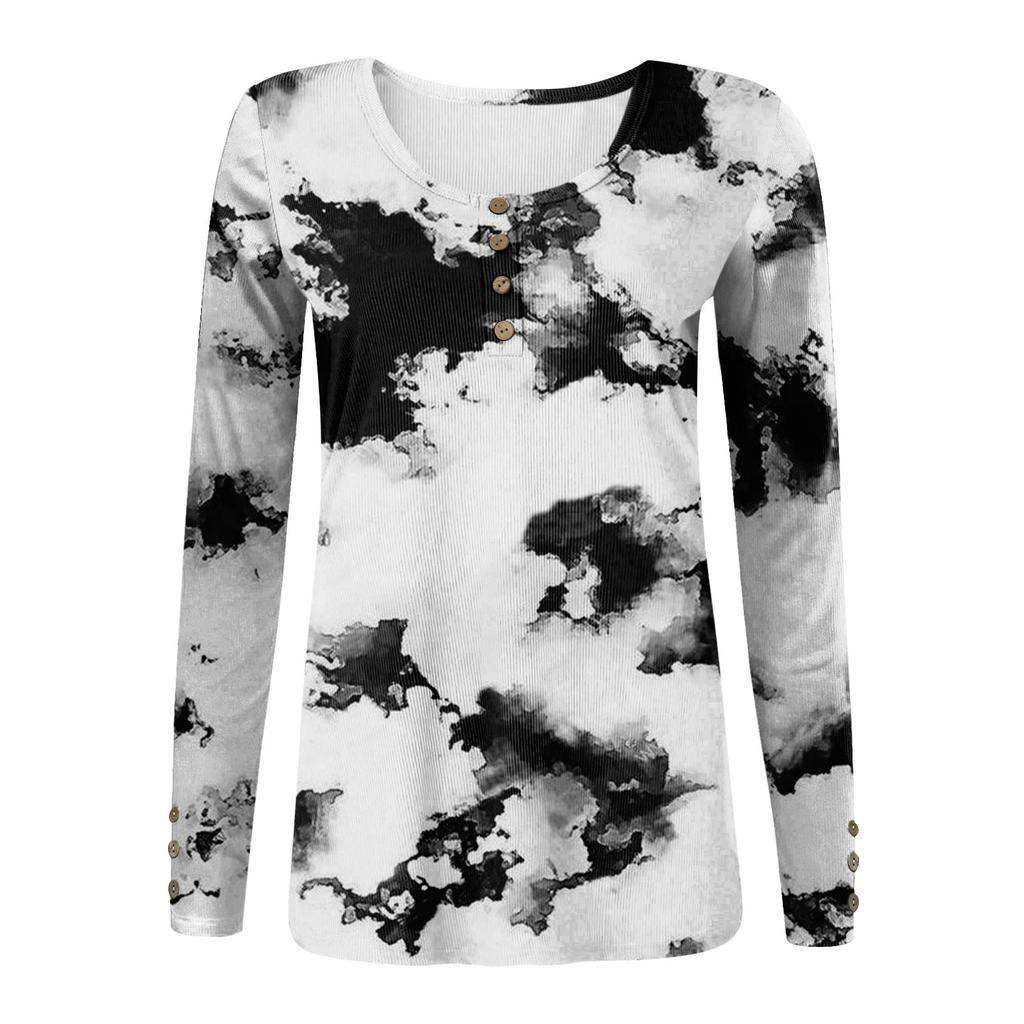 Women's T-shirt Fashion Casual Printed U Collar Button Long Sleeve Top