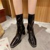 Длинные и короткие женские ботинки новая осень и зима лакированная кожа металл квадратный носок высокий каблук ботинки Мартин толстый каблук задняя молния средняя голень