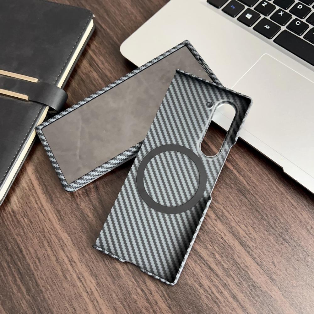 For Magsafe Carbon Fiber Leather Phone Case for Samsung Galaxy Z Fold 7 6 5 4 3 5G Protecting Magnetic Wireless Charging Cover