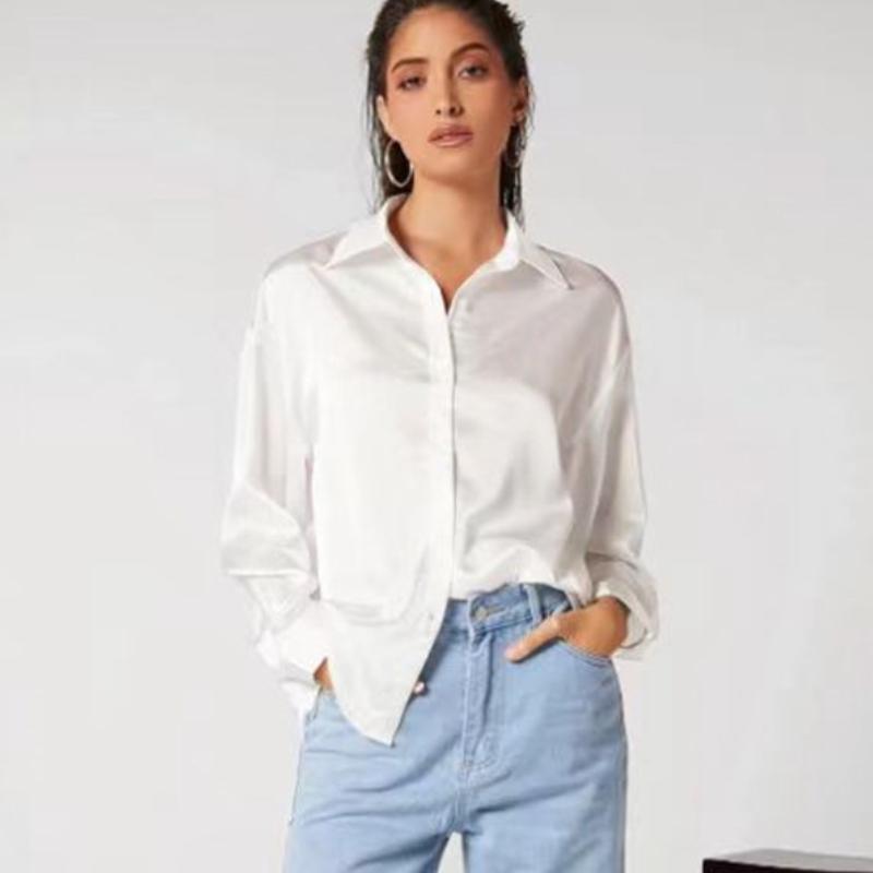 Модные повседневные свободные рубашки с длинным рукавом для женщин, весна и лето, новые офисные женские блузки, топы с пуговицами на лацканах, однотонные простые тонкие женские рубашки 26257