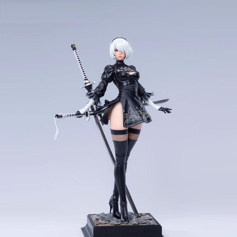 NieR Automata 2B Аниме Девушка GK Фигурка Двойная Голова Скульптура Высокий Разрез Боевой Костюм Коллекционная Статуя Настольное Украшение