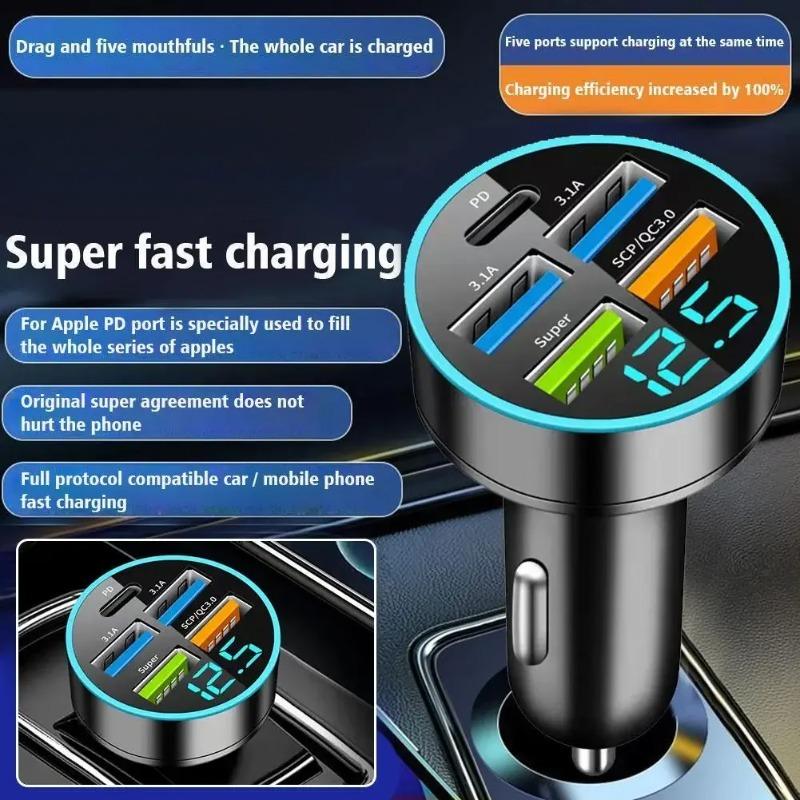 Автомобильное зарядное устройство PD QC3.0, быстрая зарядка от одного до пяти автомобильных прикуривателей, 5-портовое автомобильное зарядное устройство, быстрая зарядка с цифровым дисплеем