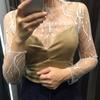 Women Mesh Top With Nylon Fabric Long Sleeve Sheer Lace Shirt For Spring Summer Fashion