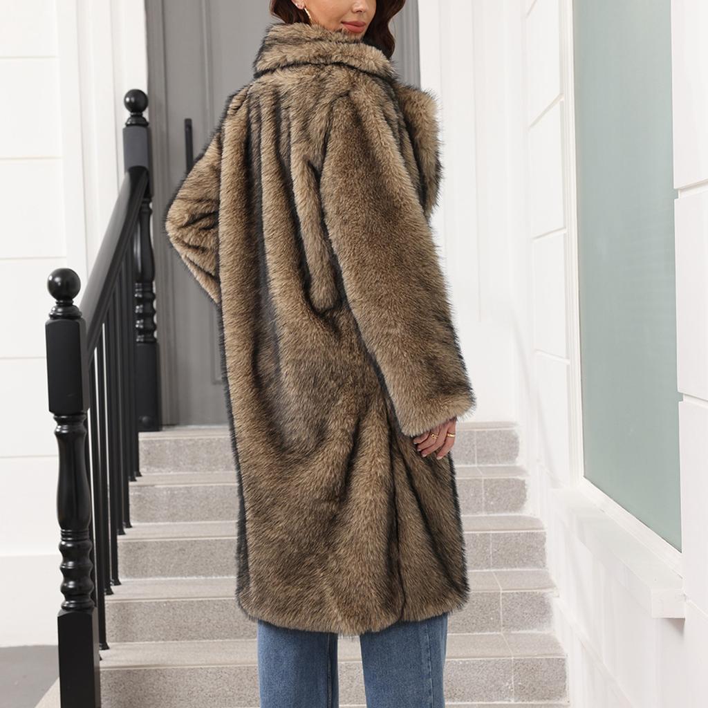 Women's Fashionable Warm Long Sleeve Solid Color Furry Long Coat With Turned Collar