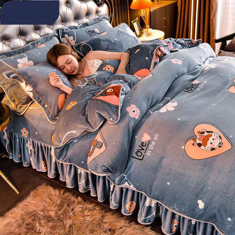 Размер King Size/Queen Size/Twin Size Зимняя молочная флисовая юбка-кровать Пододеяльник Наволочка Комплект из четырех предметов Утолщенное теплое простое постельное белье Высокое качество