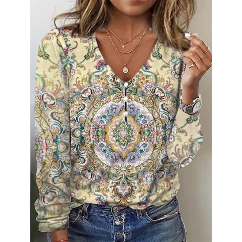 Spring and Autumn Women's Blouse V Collar Star Tie-dye Pearl Buttons Long Sleeve T-shirt
