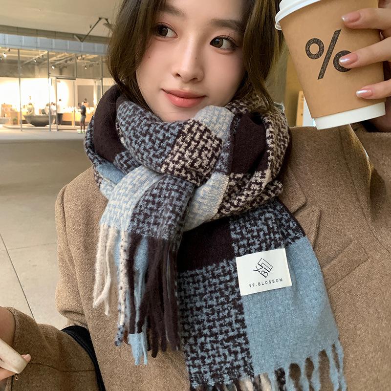 Scarf White Pink and Green Plaid Shawl Warm Scarf Scarf Women's Dual-purpose Thickened Versatile Color Matching Plaid