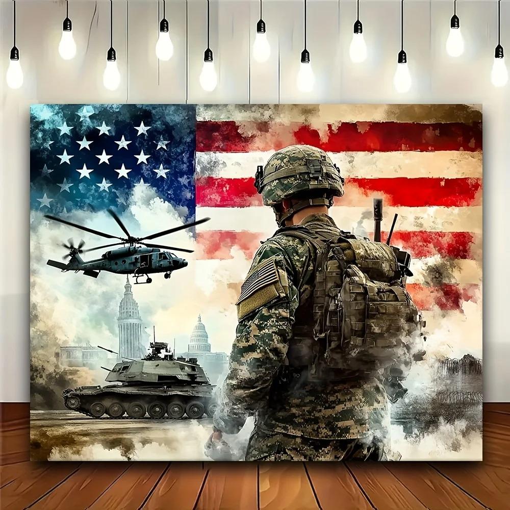 Military-themed soldier and helicopter design decor Backdrop with the American flag party background military decor Banner